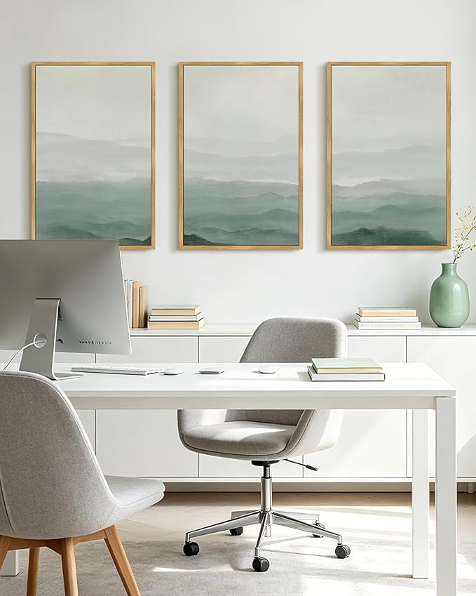KUVIOKE Green Watercolor Mountains in Fog Framed Canvas Wall Art Wilderness Nature Landscape Artwork Painting Boho Rustic Scenic Relax Cool Room Decor for Bedroom Living Room 24x36in (Natural Framed)