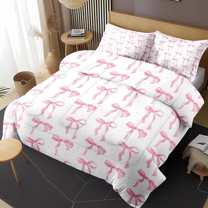 Comforter Set with 2 Pillowcases King Size, Cute Coquette Pink Bow Bowknot, Bed Decor Sweet Themed Elegant Girly Baby for Kids and Adults, Soft Cozy Bedroom Bedding Set