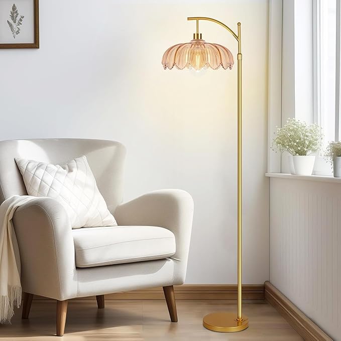 Arc Floor Lamp for Living Room Gold Floor Lamp with Remote Control,Dimmable Floor Lamps With Glass Lampshades,Mid Century Modern Standing Lamp Tall Vintage Flower Floor Lamps for Bedroom,Corner