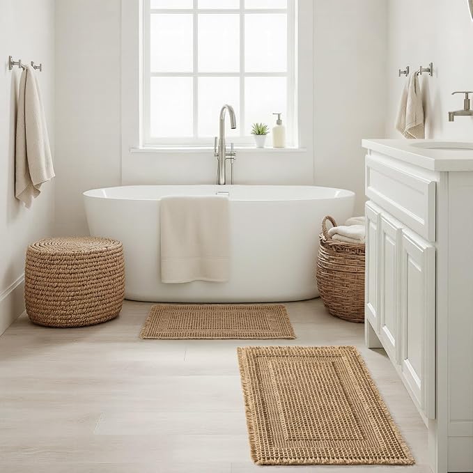 MIULEE Set of 2 Waffle Bathroom Rugs, Boho Bath Rug Super Absorbent, Non Slip Washable Ultra Soft Rubber Backed Shower Bath Mats for Floor, Tub, Shower, Looped Design, Brown, 24x36 Inch