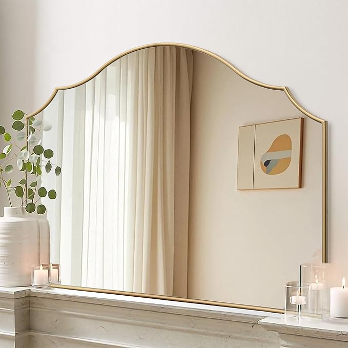 Besdomus Gold Scalloped Wall Mirror: 40"x29" Large Modern Minimalist Bathroom Mirror - Decorative Vanity Arched for Dresser/Entryway/Fireplace/Mantle/Living Room - Home Decor for Housewife