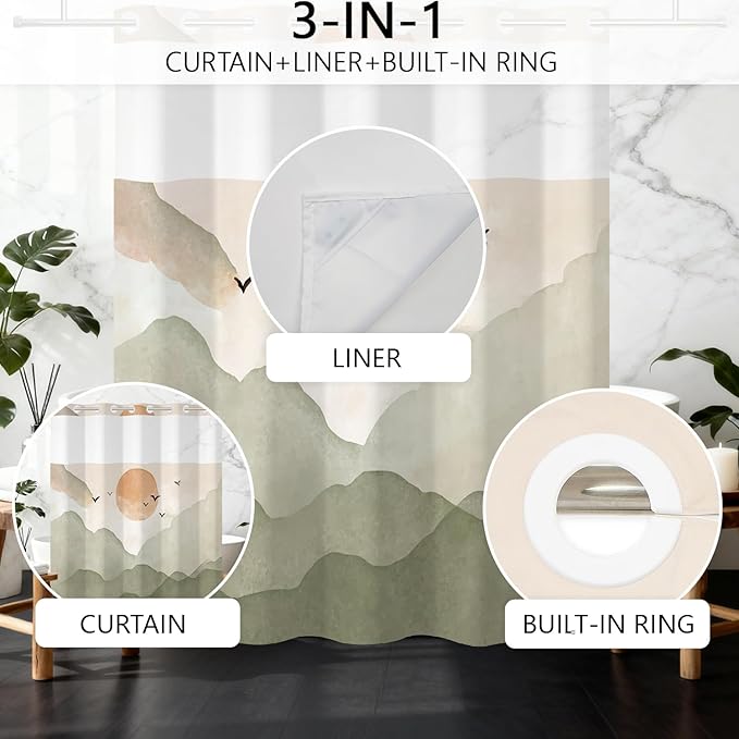 No Hook Boho Shower Curtain with Snap in Fabric Liner, Green Hills with Sunset and Birds, Zen Mid-Century Waterproof Bath Curtain Decor with Mesh Top Window 71x74 Inch