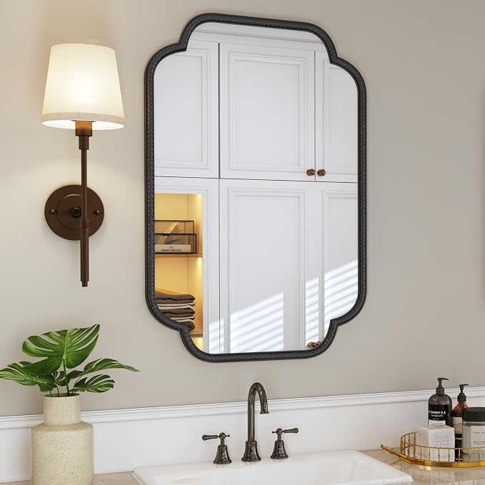 Vintage Black Wall Mirror - 24"x36" Large Black Bathroom Vanity Mirror with Rounded Corner Rope-Like Rectangle Metal Frame, Wall Decorative Mirrors for Living Room, Bedroom, Fireplace