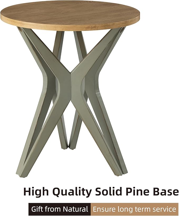 LONYKE Pedestal Farmhouse End Table, Distressed Top with Tripod Base Bedside Table for Living Room, Modern, Boho, Round, Sage Green