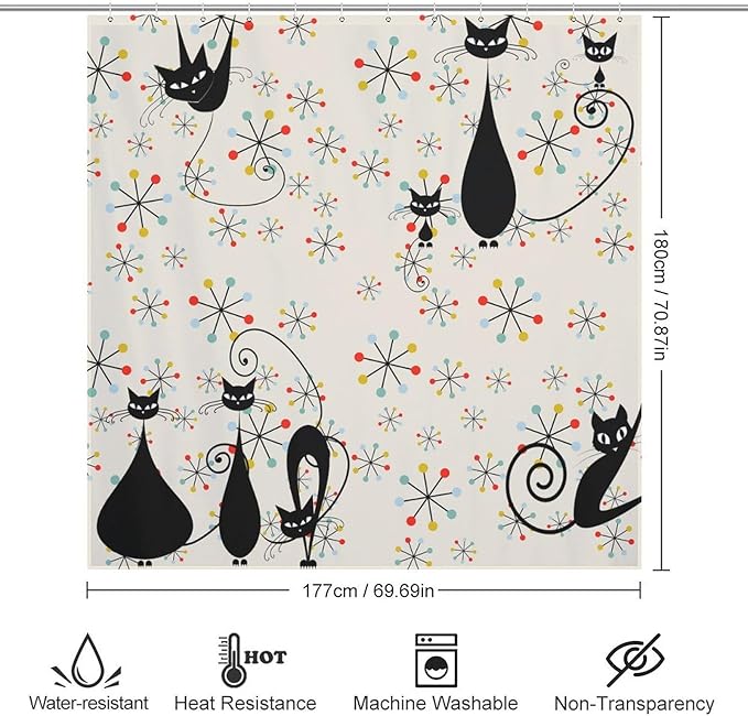 Mid Century Black Cat Shower Curtain,Atomic Cat Modern Abstract Geometric Iconic Pattern 1950s Vintage Funny Decor Fabric Bathroom Curtain with Hooks 72x72in（183x183cm）