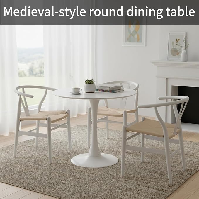 32" White Round Dining Table Set of 2, Mid-Century Modern Circular Tulip Table with Thickened Top & Sturdy Metal Pedestal, Small Round Bistro Kitchen Table for for 4 People, Easy Assembly