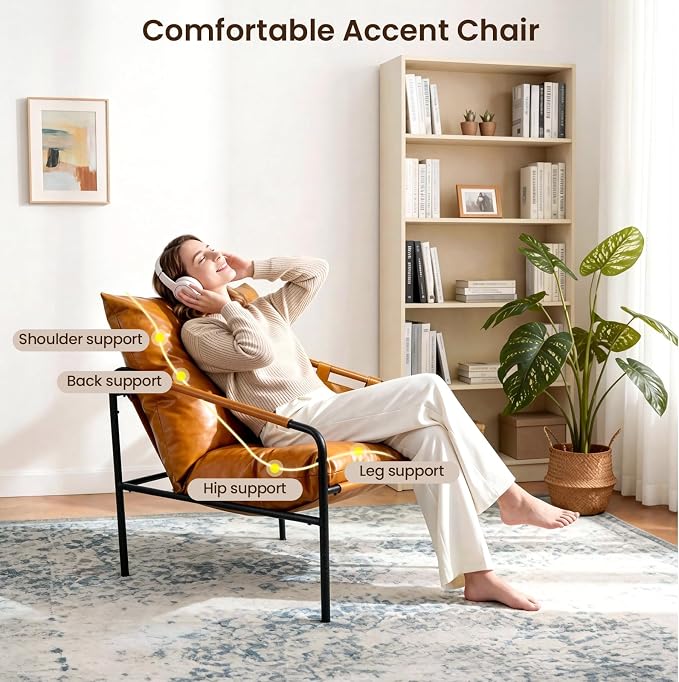 Modern Bright Orange Oversized Faux Leather Chair, Recliner Armchair, Comfy Accent Chair with Sturdy Metal Frame, Armrest bag, Indoor Outdoor couch sofa Chair for Living Room Bedroom Patio lounge