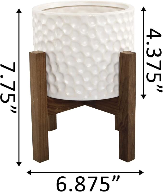 Flora Bunda 7.75" Tall 5.5 Inch Opening Beehive Ceramic Planter Pot on Wood Stand Mid Century, Ivory Cream Color Perfect for houseplants, Succulents, Cactus for Home Office Decorations