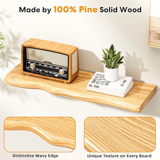 Floating Shelves for Wall 24 Inch Wooden Floating Shelves Live Edge Shelf with Unique Natural Grain Wall Mounted Rustic Pine Wood Shelf for Living Room Bedroom Kitchen Bathroom (Natural)