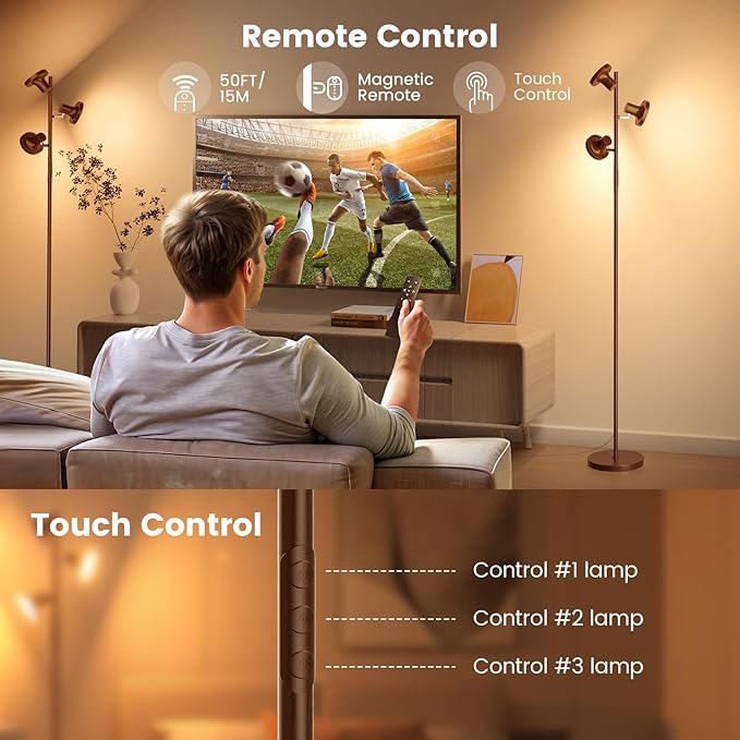 36W LED Tree Floor Lamp, Modern Dimmable Standing Lamp with Remote & Touch Control, 4 Color Temperatures, 3 Rotatable LED Light Floor Lamps for Living Room, Bedroom, Office