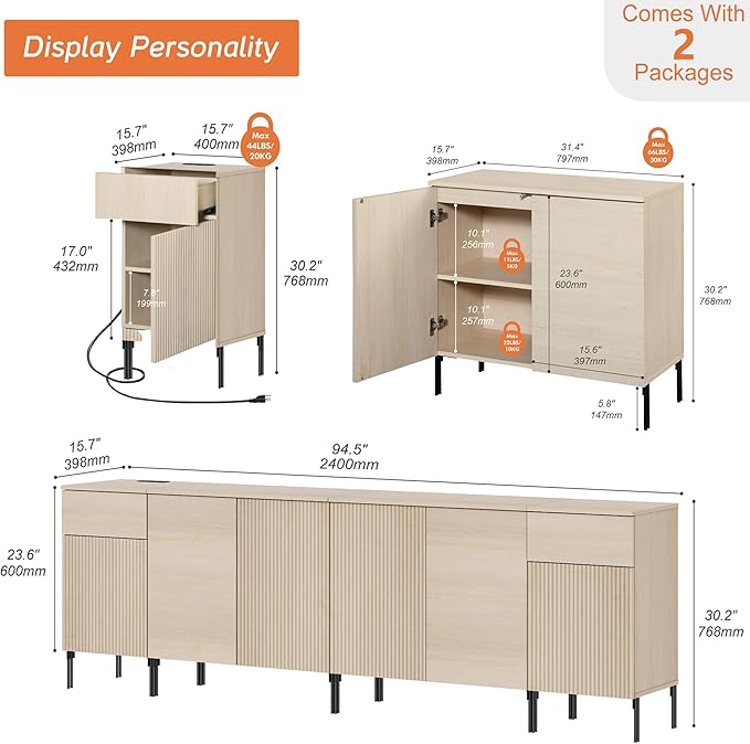 WAMPAT 94.5" Buffet Sideboard Cabinet with 2 Drawers & 6 Doors,4-in-1 Fluted Storage Credenza with Charging Station,Modern Buffet Table Coffee Bar Wine Bar Cabinet for Dining Room, Living Room,Beige