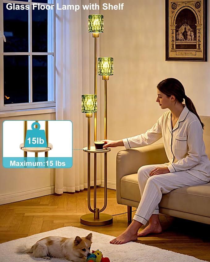 Lightdot 3-Lights Glass Floor Lamp for Living Room Modern Gold Floor Lamp with Green Glass Shade for Wedding/Party Farmhouse Tall Standing Lamp with 5Lb Heavy Base for Bedroom/Sofa Beside/Corner Decor