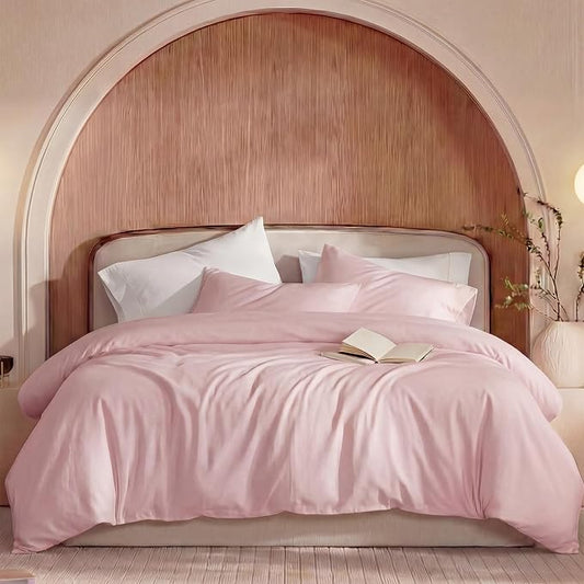 100% Washed Cotton Duvet Cover King Size – Pink, Linen-Like Texture, Super Soft & Breathable Bedding Set, 3-Piece Durable Percale Comforter Cover
