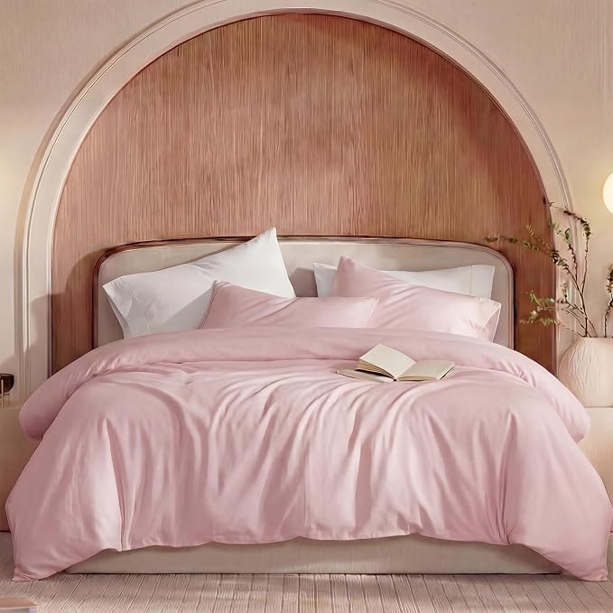 100% Washed Cotton Duvet Cover Queen Size – Pink, Linen-Like Texture, Super Soft & Breathable Bedding Set, 3-Piece Durable Percale Comforter Cover