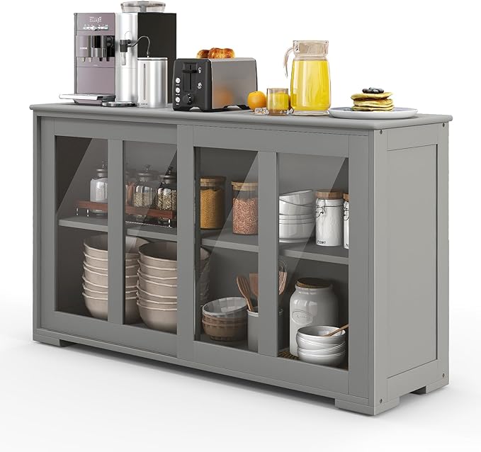 Sideboards Buffet Cabinet, Sliding Tempered Glass Door Coffee Bar, Console Table with Adjustable Shelf, Credenzas for Living Room, Stackable Kitchen Cupboard for Dining Room (Grey)