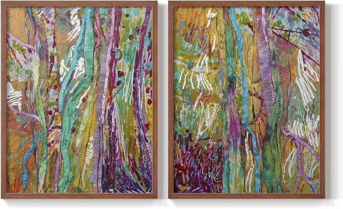 Renditions Gallery Set of 2 Peel & Stick Framed Prints, Modern Abstract Wall Art, Colorful Artistic Painting Wall Decor, Re-Stickable - Ready to Hang - 22"x28" - Walnut Frame LT588