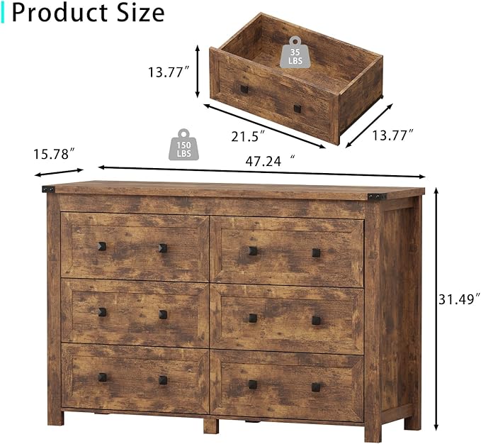 6 Drawer Dresser for Bedroom, Brown Modern Dressers & Chests of Drawers with Metal Handles, Closet Storage Dresser, Storage Cabinet and Organizer with Drawers