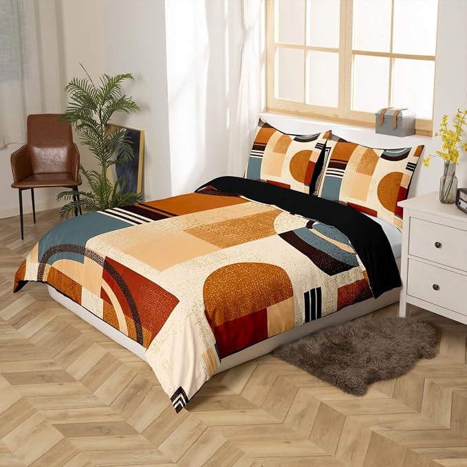 Modern Geometric Duvet Cover Set Queen Size,Abstract Retro Striped Circle Bedding Set,Boys Girls Room Decor,Minimalist Aesthetic Squares Comforter Cover,Brown Quilt Cover,2 Pillowcases(No Filler)