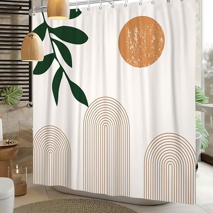 Boho Mid Century Shower Curtain Abstact Arch Sun Leaves Modern Minimalist Geometric Plant Aesthetic Shower Curtains Polyester Fabric Bathroom Decoration Curtain with Hooks 72x72 inch