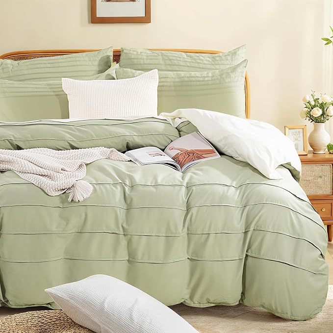 NEXHOME PRO 100% Organic Cotton Duvet Cover Queen, Linen Like Pleated Textured Sage Green Duvet Cover Set, 3pc Bedding Set with Zipper Closure, Soft, Lightweight and Breathable,90"x90", No Comforter