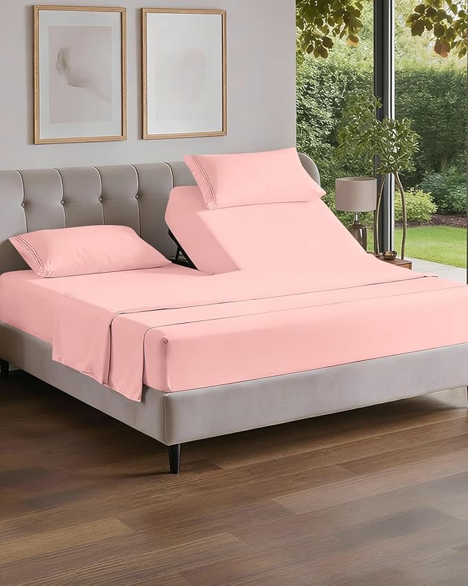 Flex Top Split Head King 4 Piece Sheet Set - Soft, Breathable & Cooling Bed Sheets Set - Hotel Luxury Bedding for Women & Men with Deep Pockets - Wrinkle Free & Fade Resistant - Oeko-Tex - Baby Pink