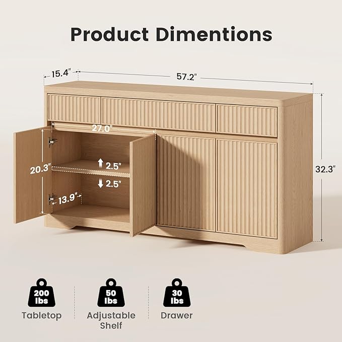 Fluted Buffet Cabinet with Storage, Modern Sideboard Credenza with 3 Drawers, 4 Doors & Adjustable Shelves, Wood Kitchen Storage Coffee Bar Cabinet for Dining Room, Living Room, Natural Oak