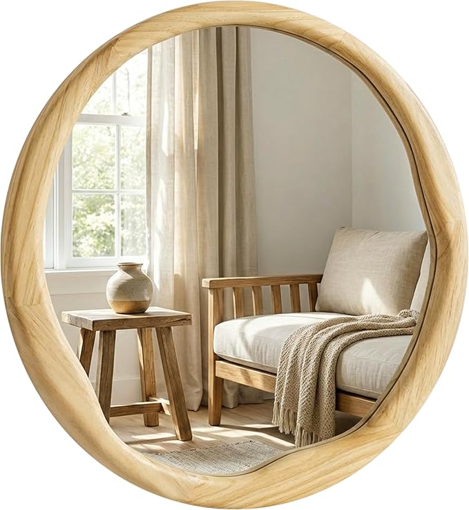 Round Wood Mirror 30 Inch, Large Asymmetrical Wavy Frame Wall Mirror for Entryway, Living Room, Solid Wood Irregular Circle Art Decor