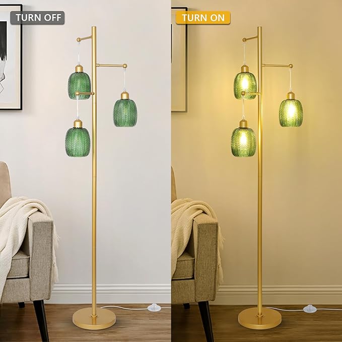 Gold Floor Lamps for Living Room, Boho Green Glass Flower Floor Lamp with 3 Led Bulb, Mid Century Modern 3 Light Brass Tall Lamps Farmhouse Standing Lamp Tree Floor Lamps for Bedroom,Office,Corner