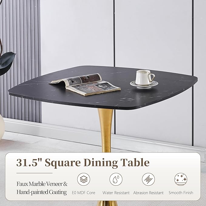 Square Dining Table,31.5" Tulip Table with Metal Pedestal,15-Minute Quick Assembly,Mid Century Modern Leisure Table for Kitchen Small Places Cafe (Faux Marble Black Gold)