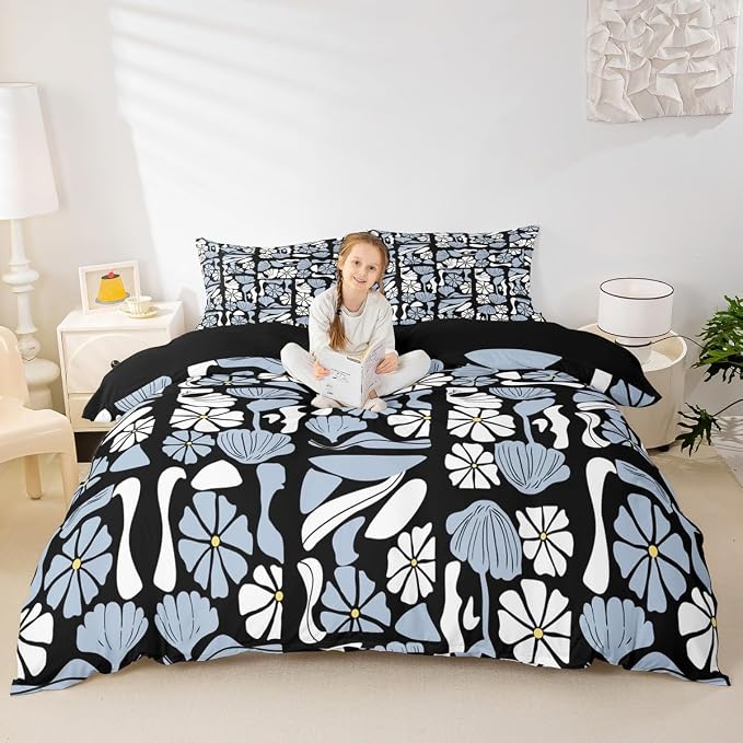 Erosebridal Vintage Abstract Boho Bedding Set Full Mid Century Retro Plants Floral Duvet Cover White Black Blue Geometric Patchwork Comforter Cover for Kids Adults,Modern Abstract Aesthetic Bed Set