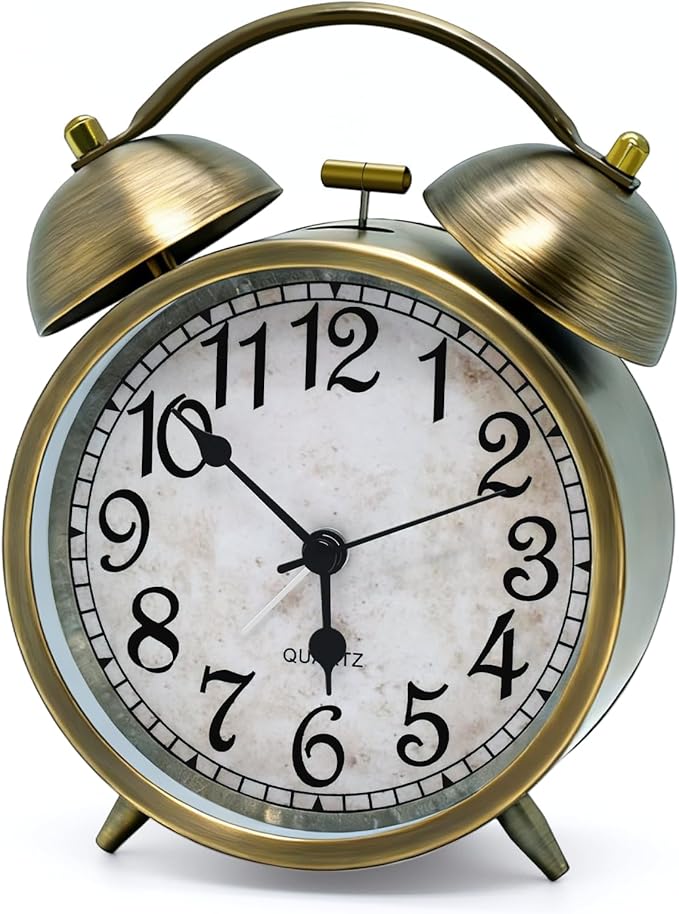 Vintage Twin Bell Alarm Clock - 4.5'' Silent Non-Ticking Analog Desk Clock, Antique Brass Finish, Retro Table Clock for Bedroom, Office & Home Decor, Battery Operated Loud Alarm for Heavy Sleepers ﻿