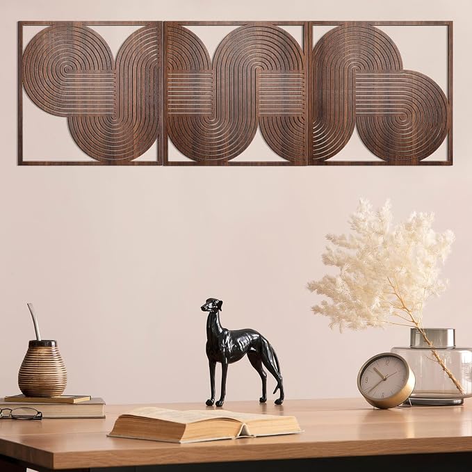 Yerliker 3 Pcs Mid Century Modern Wood Wall Art Decorations 3D Geometric Abstract Wall Sculpture for Living Room Bedroom Office Minimalist Aesthetic(Mid-century,11.81 x 11.81 x 1.97 Inch)
