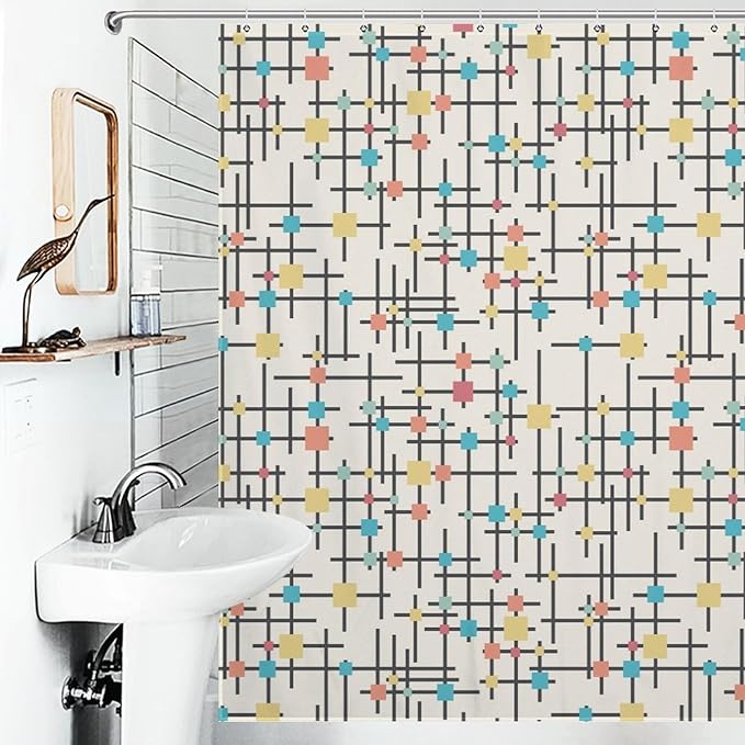 Mid Century Shower Curtain,Retro Atomic Geometric Abstract Iconic Pattern Bathroom Curtain Polyester Waterproof Fabric Decor 72x72in（183x183cm）