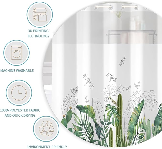 No Hook Shower Curtain with Snap in Fabric Liner Tropical Green Plant Shower Curtains for Bathroom Leaf Botanical Sage Green Shower Curtain Sets Waterproof Bathtub Curtain 71x74 Inch