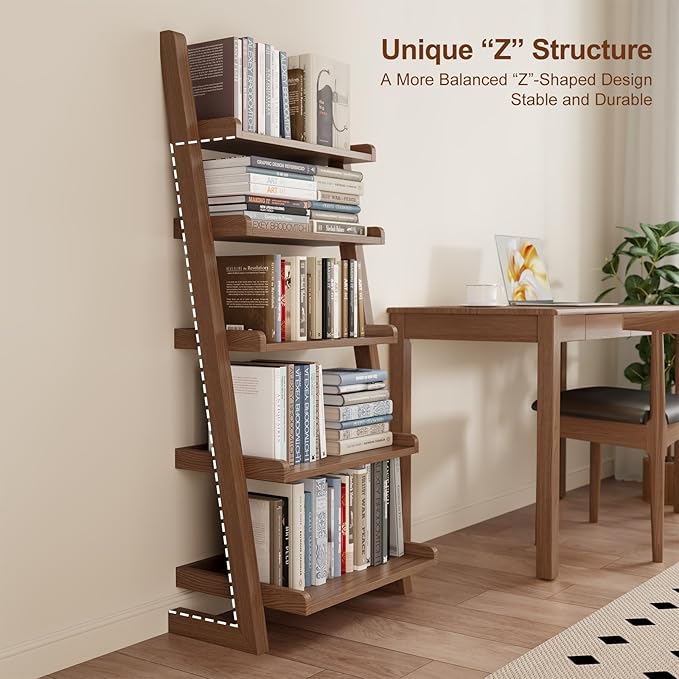 AQIMUELE Walnut Wooden Ladder Shelf with Edges, 5-Tier Modern Leaning Bookshelf Ladder – Stylish Space-Saving Bookcase for Living Room, Bedroom & Home Office