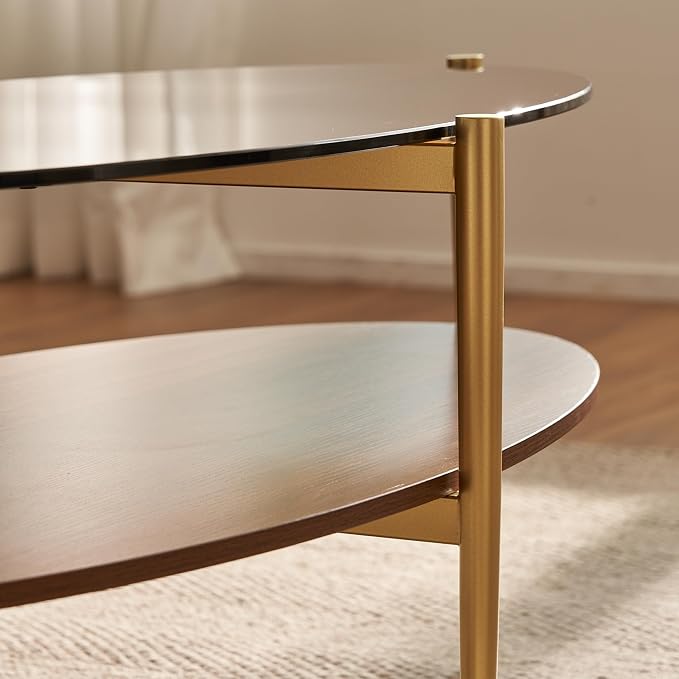 Saint Mossi Olive Glass Coffee Table for Living Room, Mid Century Modern Center Table, Surfboard Brown Glass & Coffee Brown MDF Bottom Shelf, L41xW21xH17, Gold Table Legs