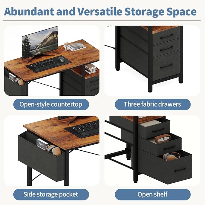 DUMOS 39" Computer Desk with Storage, Small Home Office Desk with 3 Fabric Drawers & Side Pocket, Space Saving Writing Desk for Apartment, Dorm, Gaming Workstation, Rustic Brown