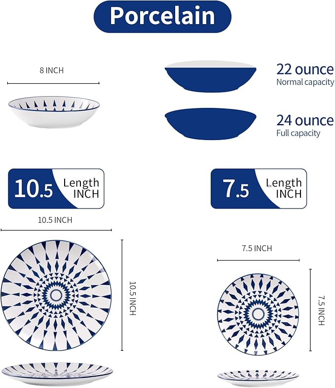 Bestone Ceramic 12-Pieces Dinnerware Sets, Ceramic Dish Plates and Bowls Sets, Dishes Set for 4, Dinner Salad Dessert Plates, and Cereal Bowls Set, Gift,Vintage Blue