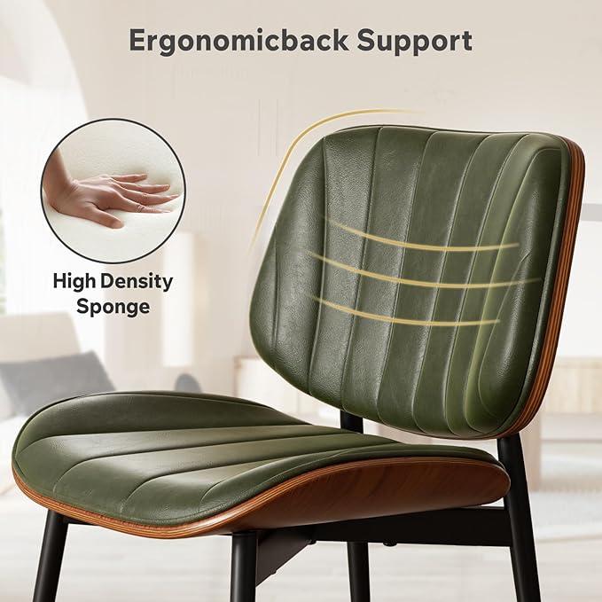 Dining Chairs Set of 4, Mid Century Modern Dining Room Chairs, Upholstered Faux Leather Kitchen Chairs with Walnut Bentwood Back and Metal Legs, Green