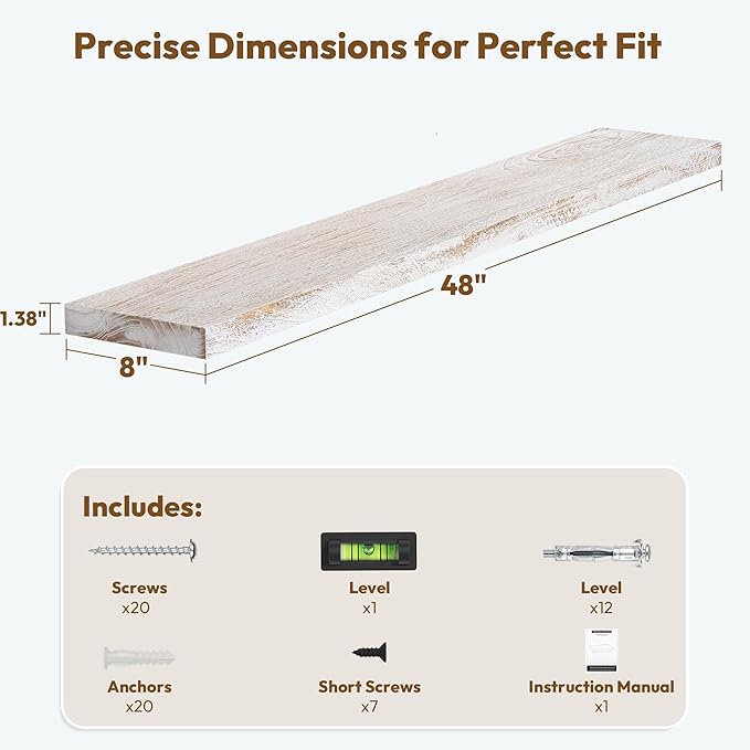 Vivelove Elm Wood Floating Shelves, Wooden Shelves for Wall with Invisible Bracket for Living Room Bedroom Bathroom Office Book, Rustic Farmhouse Display Shelf, 48 Inch Set of 1- Weathered White