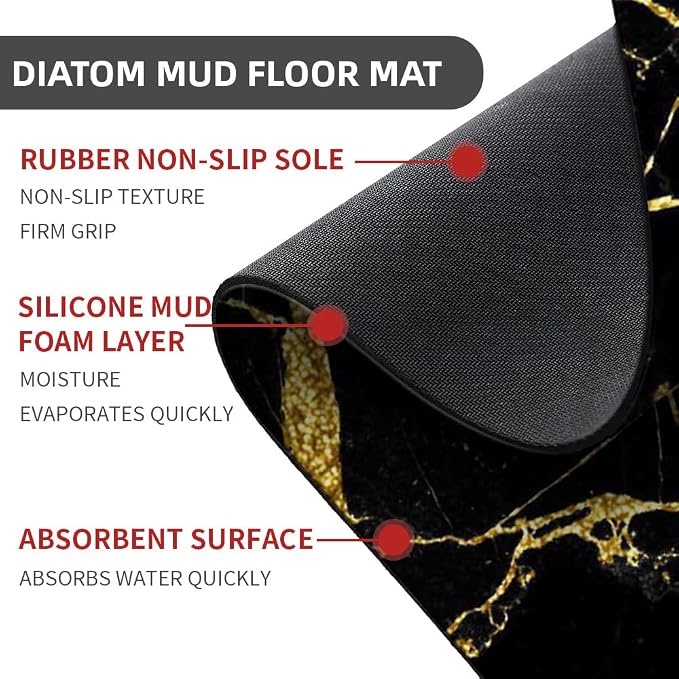 Diatomaceous Earth Bath Mat,Black Gold Marble Non-Slip Volume Super Absorbent Fast Drying for Bathroom Kitchen Door mat,Eco-Friendly Easy to Clean 17×27.5Inch (43 * 70cm)