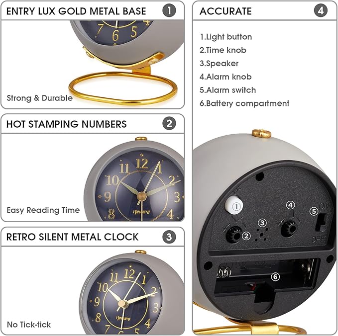 rjuwurv Metal Desk Alarm Clock, Retro Bedroom Table Vintage Analog Alarm Clock, Silent Non-Ticking Gold Clock, Bedside Décor(Sinor Gray)