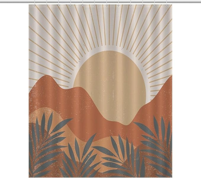 Mid Century Boho Sunset Shower Curtains Vintage Farmhouse Abstract Plant Mountain Sunset Washable Waterproof Fabric for Bathroom Decor Bathtub with 12 Hooks 55x72in（140x183cm）