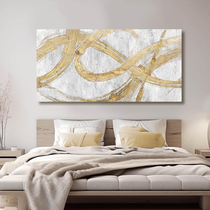 VAYIMDH Decorative Wall Art Line Painting Prints on Canvas White Living Room Wall Decor 24"x 48" Abstract Artwork Gold Picture Wall Decor for Bedroom