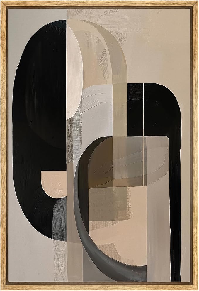 MUDECOR Framed Canvas Print Wall Art Black & Beige Geometric Abstract Illustrations Mid-Century Modern Multicolor for Living Room, Bedroom, Office - 16"x24" NATURAL