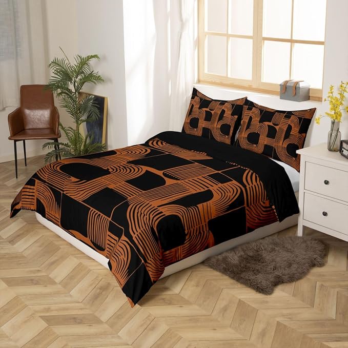Erosebridal Mid Century Boys Duvet Cover Full Size Bohemian Ethnic Bedding Set 3 Piece Boho Geometric Comforter Cover Modern Simple Black Stripes Bed Sets for Kids Teens Adult Men Bedroom Decor