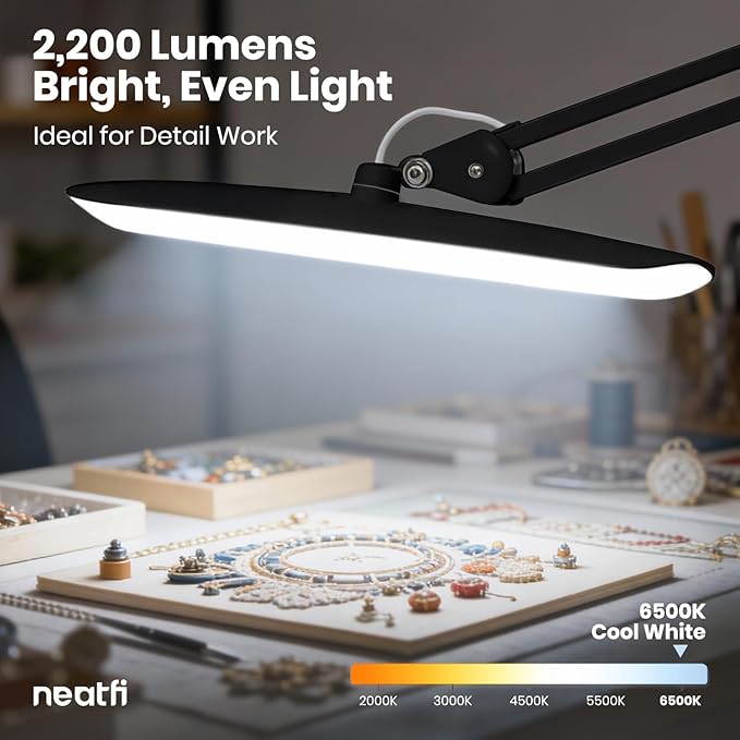 Neatfi XL Nail Desk Lamp with Clamp, 2200 Lumens, 20-Inch Wide Head, Dimmable 4 Levels, 6500K, LED Task Light for Manicure Table, Crafts, Workbench, Office (Non-CCT, Black)