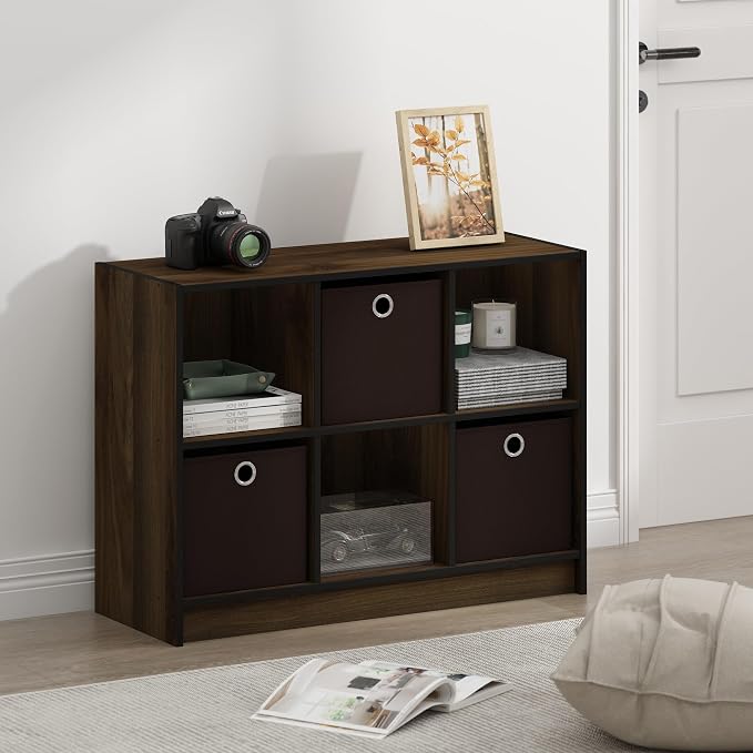 Furinno BASIC Book Shelf, 6-Cube Bookshelf with Open Shelf, 3 x 2 Bookcase with Storage Bins, Closed Back, Horizontal, 11.9 x 31.6 x 23.6, for Living Room, Bedroom, Home Office, Columbia Walnut