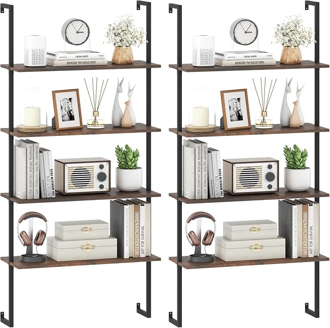 Tangkula 4-Tier Bookshelf, Wall-Mounted Open Bookcase with Metal Frame, Industrial Display Storage Ladder Shelf for Study, Living Room & Kitchen (2, Brown)