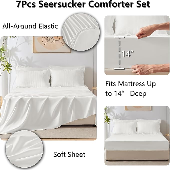 CozyLux Queen Comforter Set White, 7 Pieces Seersucker Textured Luxury Bed in a Bag Queen, All Seasons Soft Bedding Sets with Down Alternative Comforter, Sheets, Pillowcases & Shams, Home Gift